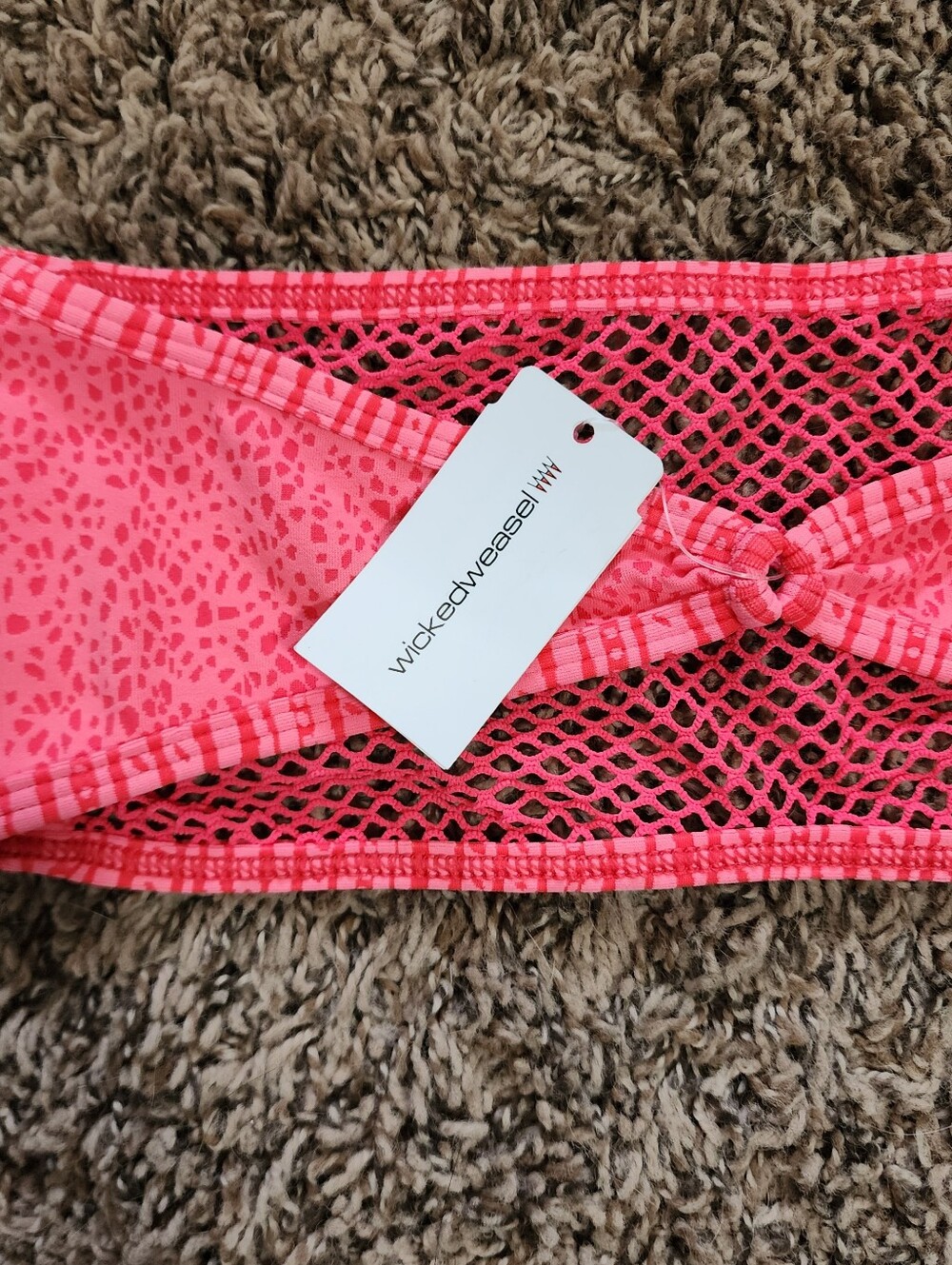 Wicked Weasel Strapless Swim Top Vibrant Neon Coral Unique Fish Net Large NWT - Picture 4 of 5